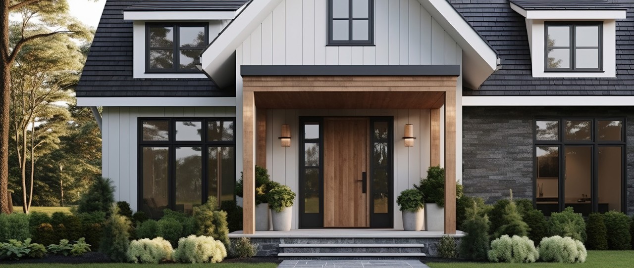 Porche avant d’une maison avec une grande porte en bois.