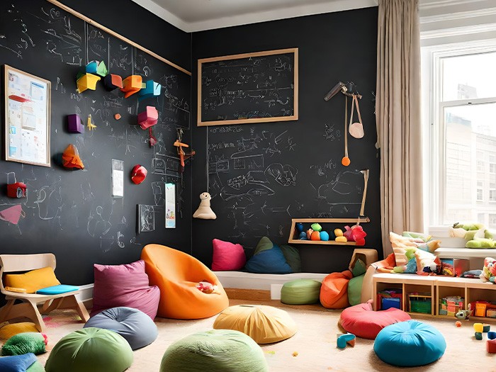Salle de jeux pour enfants avec de nombreux coussins de sol devant un grand mur de tableau noir sur lequel figurent des dessins d’enfants.